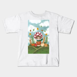 Autumn Mushroom drinking coffee Kids T-Shirt